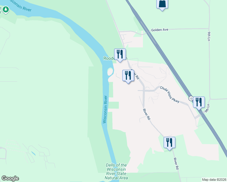 map of restaurants, bars, coffee shops, grocery stores, and more near 4039 River Road in Wisconsin Dells