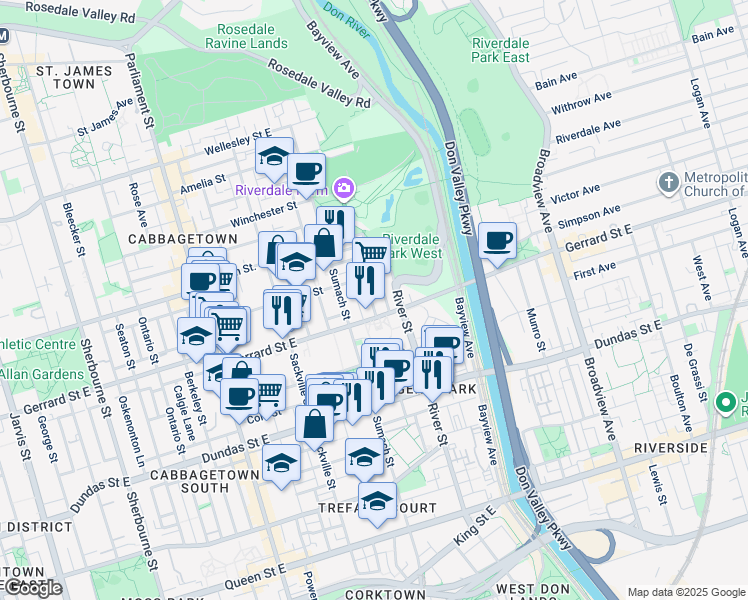 map of restaurants, bars, coffee shops, grocery stores, and more near 9 Sword Street in Toronto