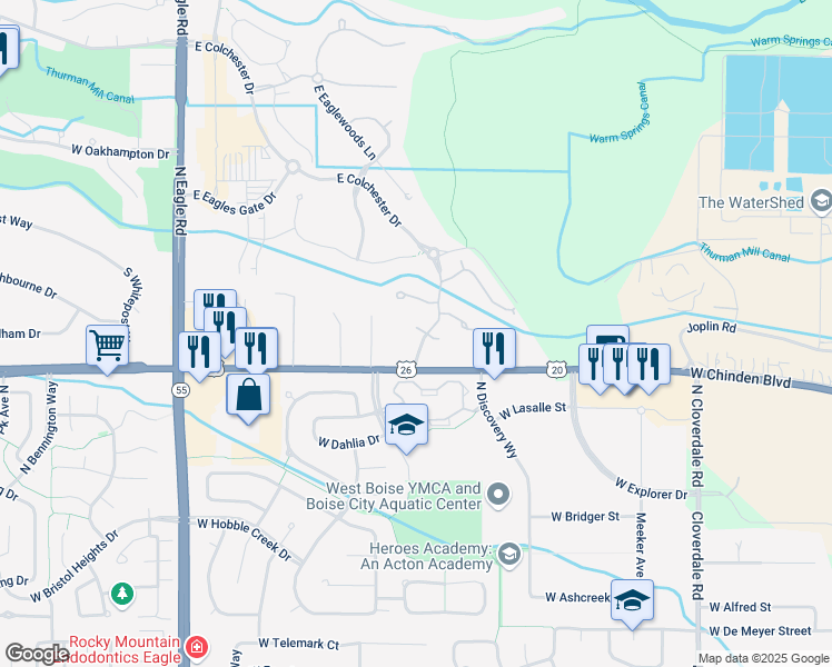 map of restaurants, bars, coffee shops, grocery stores, and more near 3850 West Chinden Boulevard in Eagle