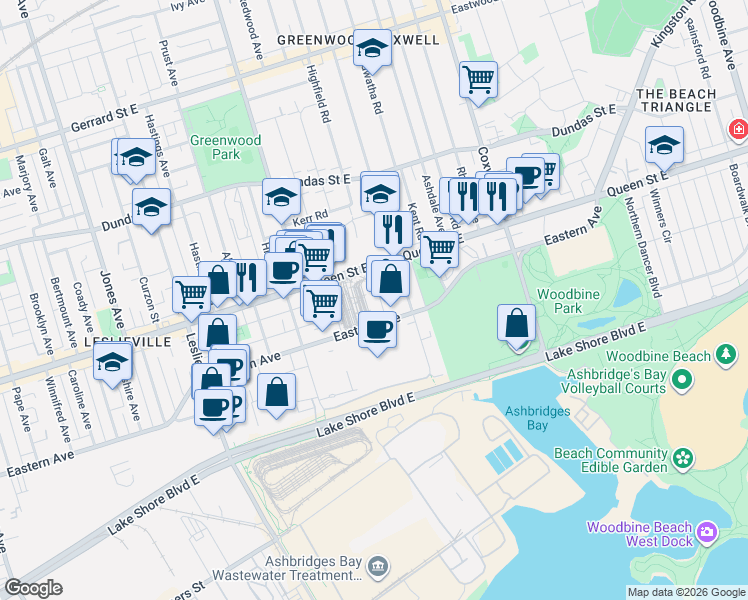 map of restaurants, bars, coffee shops, grocery stores, and more near 22 Connaught Avenue in Toronto