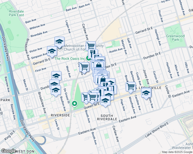 map of restaurants, bars, coffee shops, grocery stores, and more near 326 Carlaw Avenue in Toronto