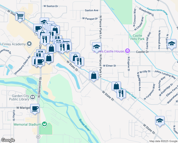 map of restaurants, bars, coffee shops, grocery stores, and more near 6606 West State Street in Boise