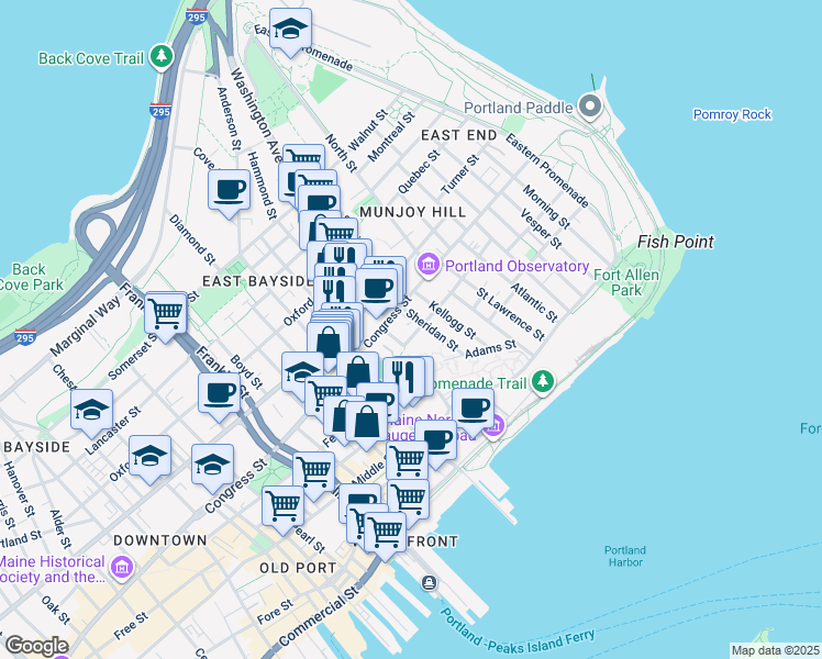 map of restaurants, bars, coffee shops, grocery stores, and more near 4 Ponce Street in Portland