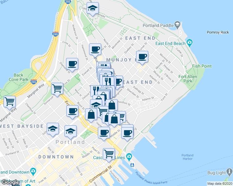 map of restaurants, bars, coffee shops, grocery stores, and more near 217 Congress Street in Portland