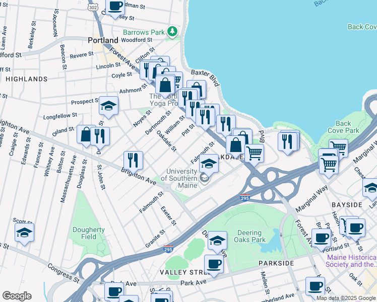 map of restaurants, bars, coffee shops, grocery stores, and more near 49 Falmouth Street in Portland
