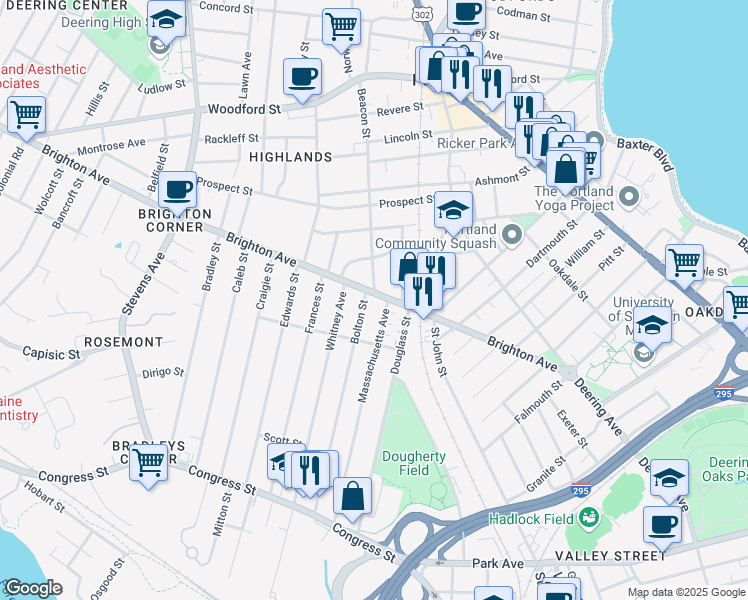map of restaurants, bars, coffee shops, grocery stores, and more near 194 Massachusetts Avenue in Portland