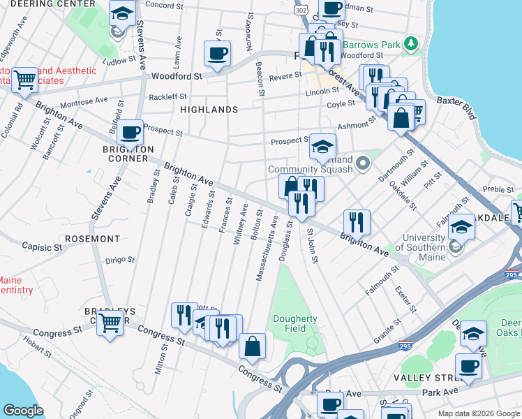 map of restaurants, bars, coffee shops, grocery stores, and more near 194 Massachusetts Avenue in Portland