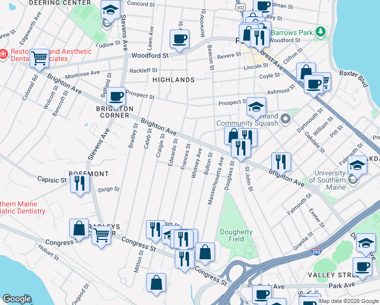 map of restaurants, bars, coffee shops, grocery stores, and more near 166 Frances Street in Portland