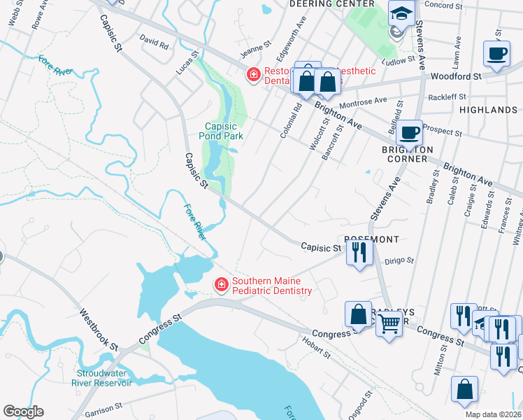 map of restaurants, bars, coffee shops, grocery stores, and more near 158 Capisic Street in Portland
