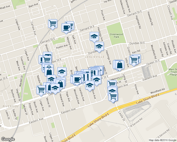 map of restaurants, bars, coffee shops, grocery stores, and more near 33 Jones Avenue in Toronto