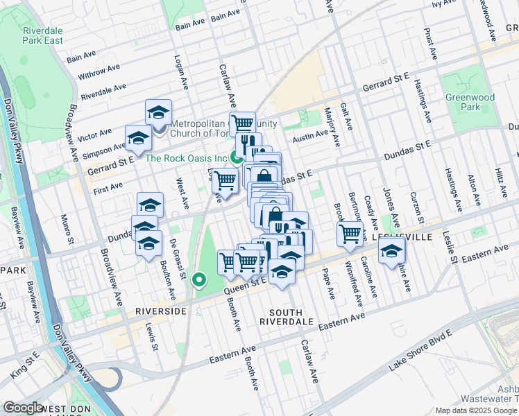 map of restaurants, bars, coffee shops, grocery stores, and more near 275 Carlaw Avenue in Toronto