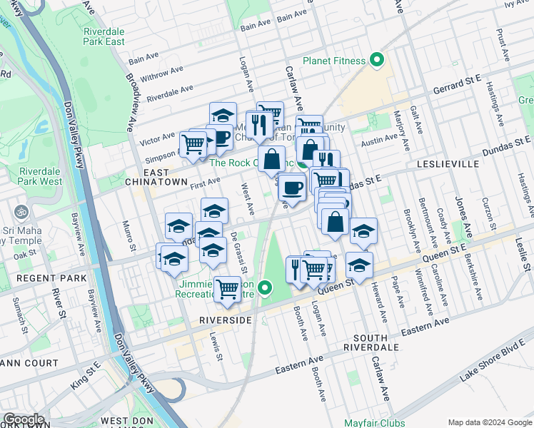 map of restaurants, bars, coffee shops, grocery stores, and more near in Toronto