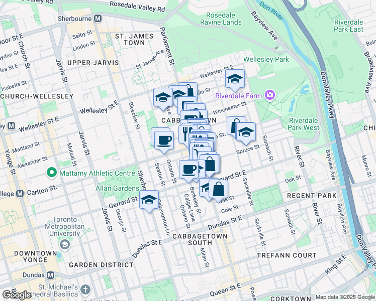 map of restaurants, bars, coffee shops, grocery stores, and more near in Toronto