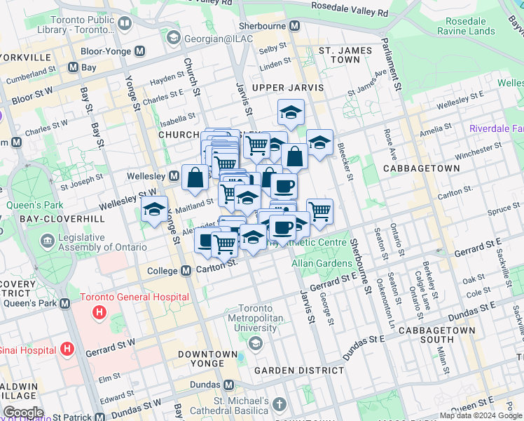 map of restaurants, bars, coffee shops, grocery stores, and more near in Toronto