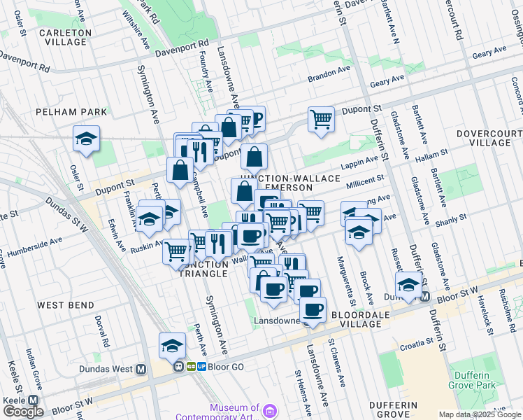 map of restaurants, bars, coffee shops, grocery stores, and more near 696 Lansdowne Avenue in Toronto