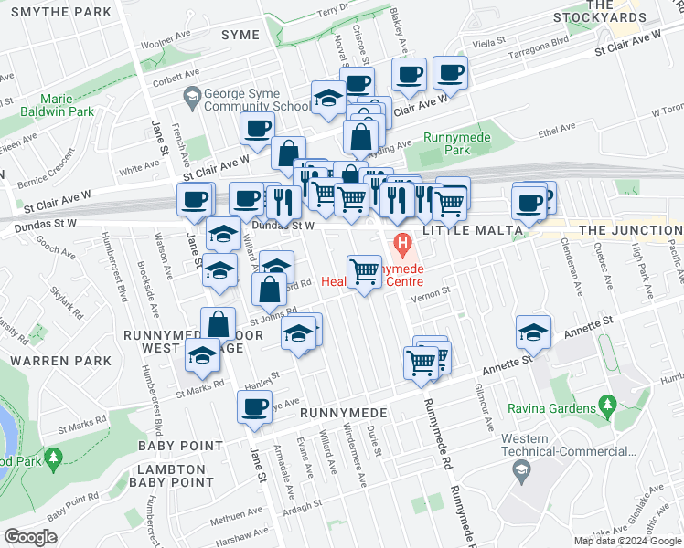 map of restaurants, bars, coffee shops, grocery stores, and more near in Toronto