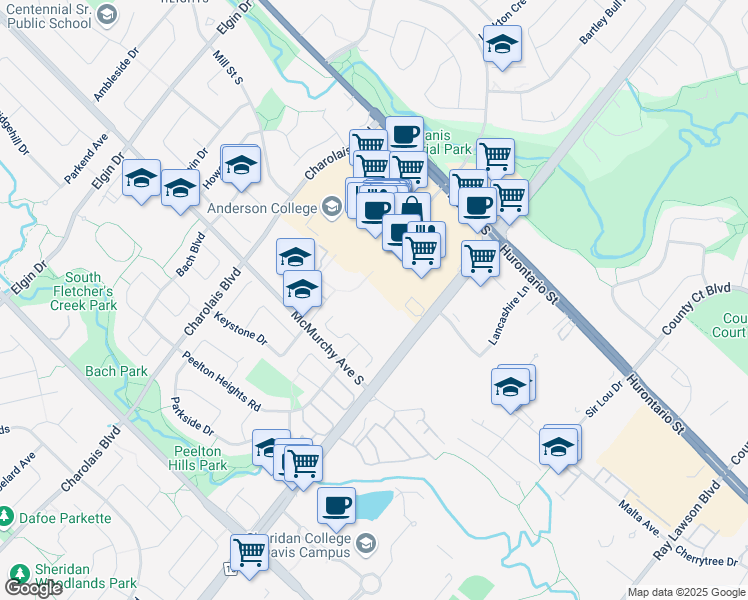 map of restaurants, bars, coffee shops, grocery stores, and more near 210 Steeles Avenue West in Brampton