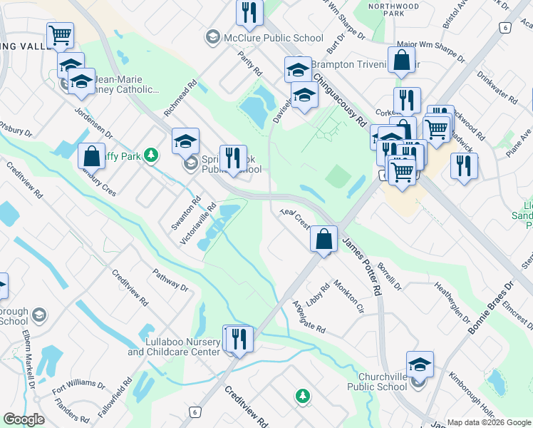map of restaurants, bars, coffee shops, grocery stores, and more near 8 Teal Crest Circle in Brampton
