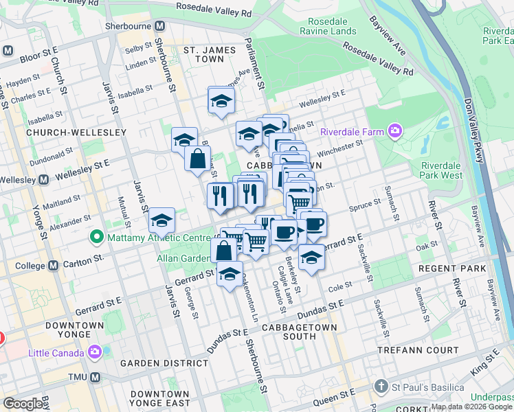map of restaurants, bars, coffee shops, grocery stores, and more near 204 Carlton Street in Toronto
