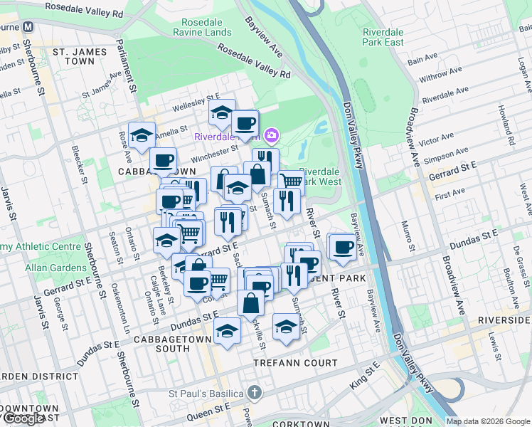 map of restaurants, bars, coffee shops, grocery stores, and more near 318 Sumach Street in Toronto