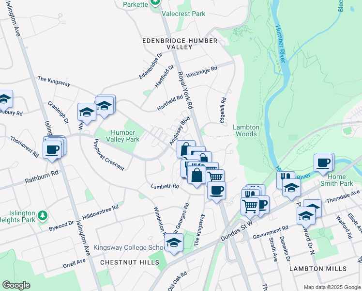 map of restaurants, bars, coffee shops, grocery stores, and more near 293 The Kingsway in Toronto