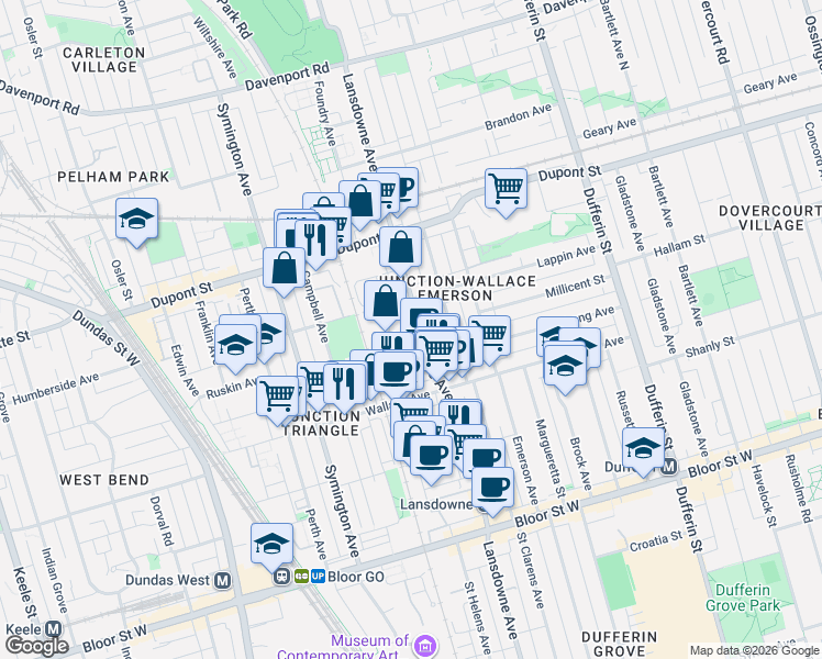 map of restaurants, bars, coffee shops, grocery stores, and more near 722 Lansdowne Avenue in Toronto