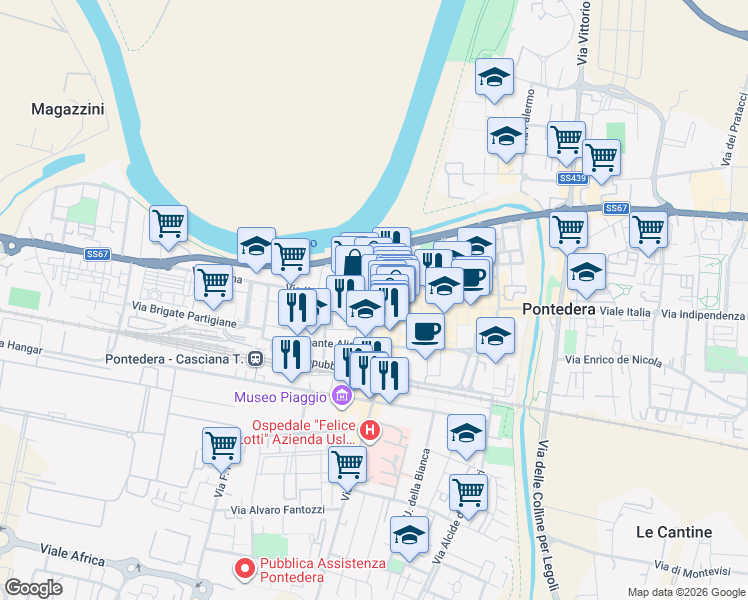 map of restaurants, bars, coffee shops, grocery stores, and more near 10 Piazza Andrea da Pontedera in Pontedera