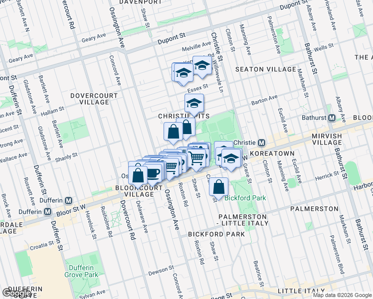map of restaurants, bars, coffee shops, grocery stores, and more near 795 Shaw Street in Toronto