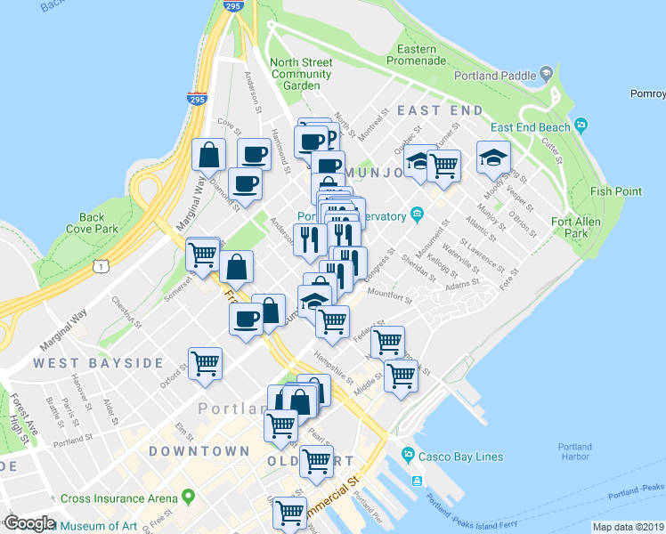map of restaurants, bars, coffee shops, grocery stores, and more near 9 Cleeve Street in Portland