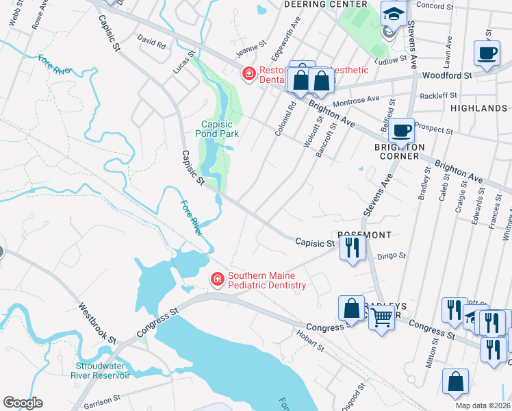 map of restaurants, bars, coffee shops, grocery stores, and more near 158 Capisic Street in Portland