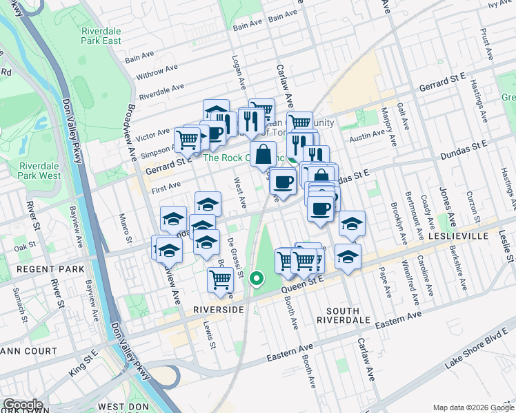 map of restaurants, bars, coffee shops, grocery stores, and more near 2A Tiverton Avenue in Toronto