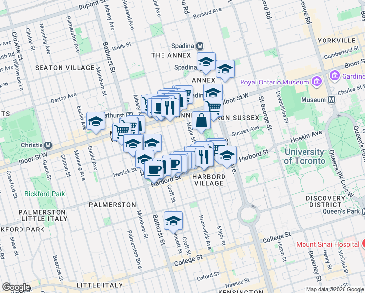 map of restaurants, bars, coffee shops, grocery stores, and more near 225 Brunswick Avenue in Toronto