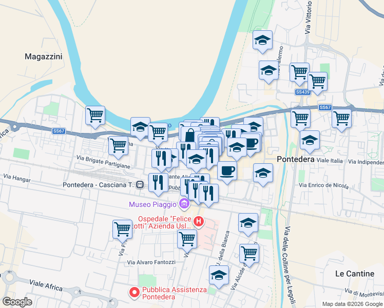 map of restaurants, bars, coffee shops, grocery stores, and more near 8-10 Piazza Andrea da Pontedera in Pontedera