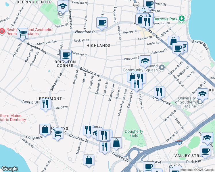 map of restaurants, bars, coffee shops, grocery stores, and more near 166 Frances Street in Portland