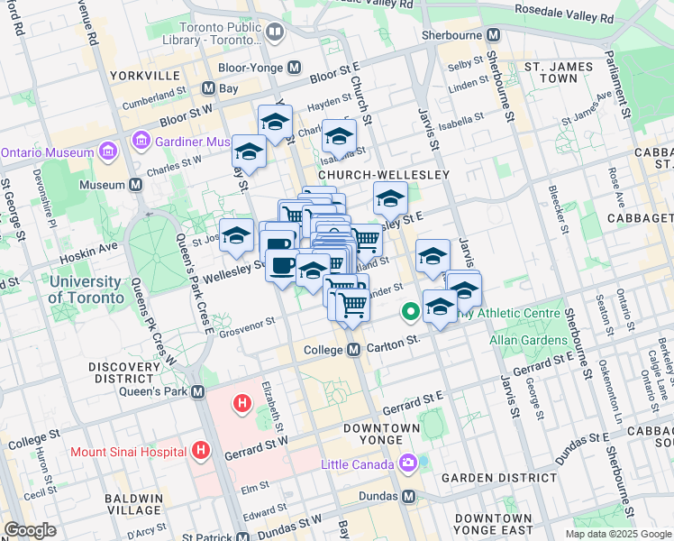 map of restaurants, bars, coffee shops, grocery stores, and more near 500 Yonge Street in Toronto