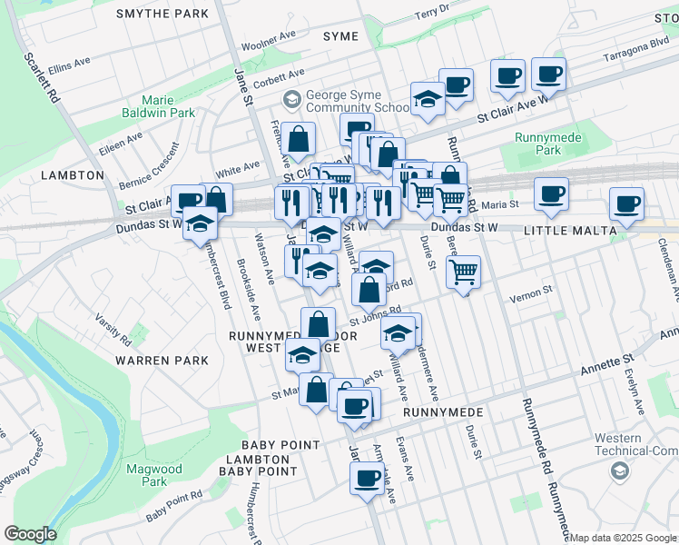 map of restaurants, bars, coffee shops, grocery stores, and more near 125 Priscilla Avenue in Toronto