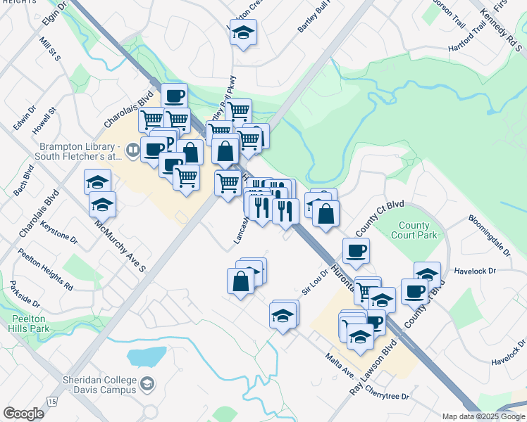 map of restaurants, bars, coffee shops, grocery stores, and more near 7900 Hurontario Street in Brampton