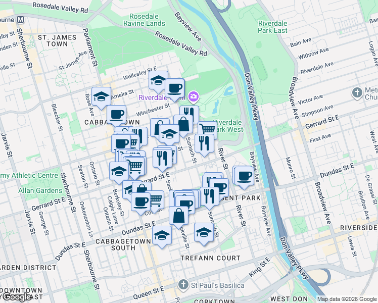 map of restaurants, bars, coffee shops, grocery stores, and more near in Toronto