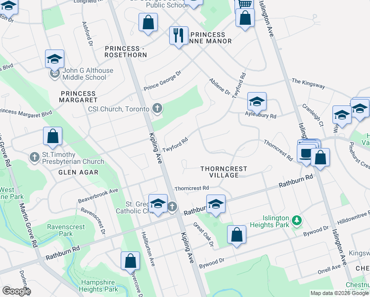 map of restaurants, bars, coffee shops, grocery stores, and more near 55 Twyford Road in Toronto