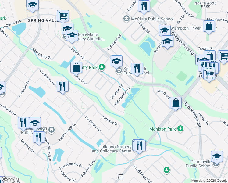 map of restaurants, bars, coffee shops, grocery stores, and more near 40 Swanton Road in Brampton