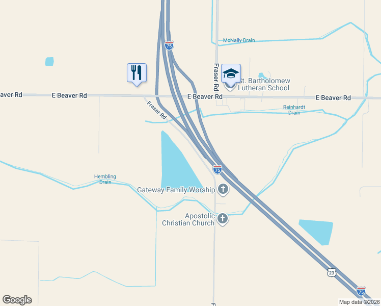 map of restaurants, bars, coffee shops, grocery stores, and more near 2620 Fraser Road in Kawkawlin