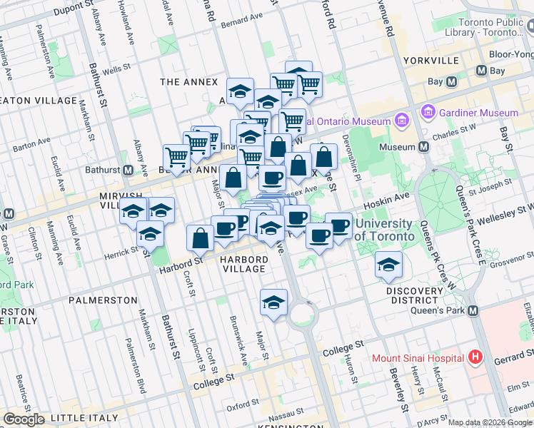 map of restaurants, bars, coffee shops, grocery stores, and more near 666 Spadina Avenue in Toronto