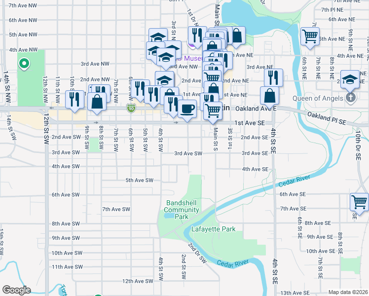 map of restaurants, bars, coffee shops, grocery stores, and more near 308 2nd Street Southwest in Austin