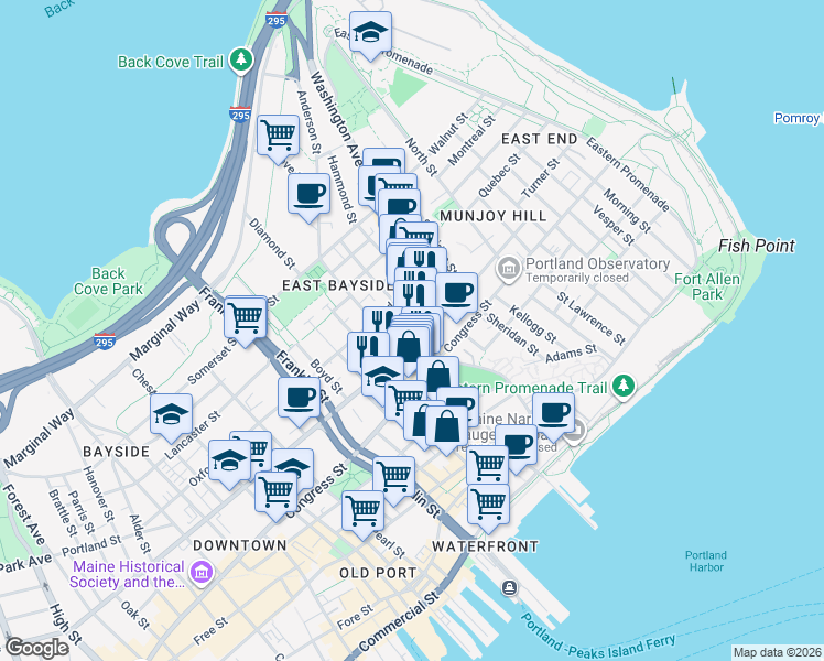 map of restaurants, bars, coffee shops, grocery stores, and more near 127 Cumberland Avenue in Portland