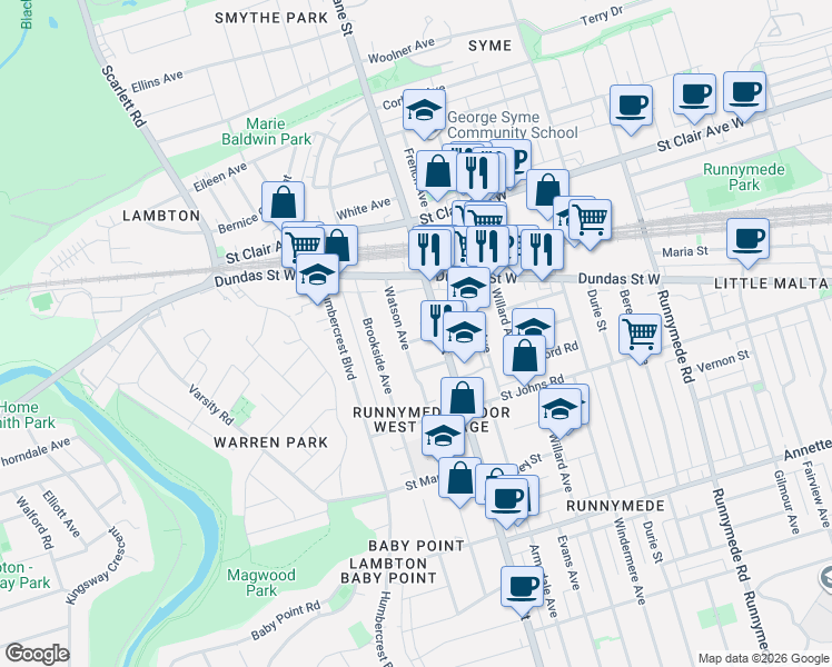 map of restaurants, bars, coffee shops, grocery stores, and more near 8 Page Avenue in Toronto