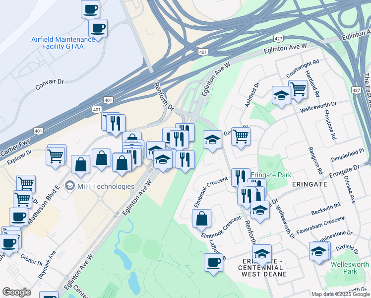 map of restaurants, bars, coffee shops, grocery stores, and more near 5395 Eglinton Avenue West in Toronto