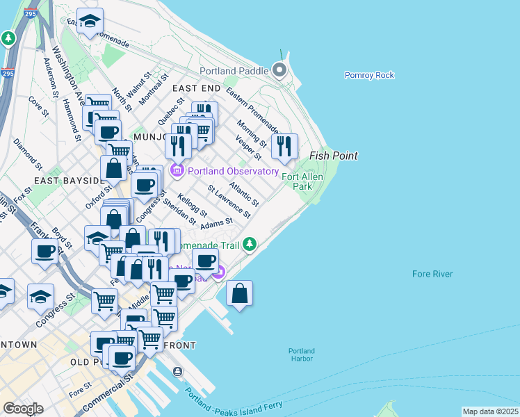 map of restaurants, bars, coffee shops, grocery stores, and more near 26R Fore Street in Portland