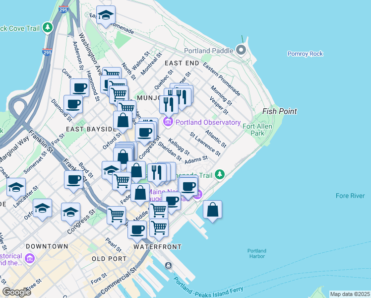 map of restaurants, bars, coffee shops, grocery stores, and more near 45 Adams Street in Portland
