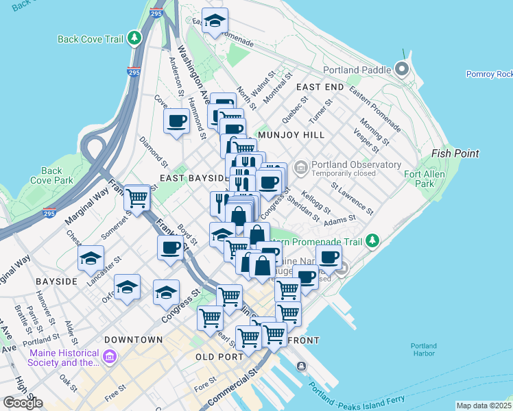 map of restaurants, bars, coffee shops, grocery stores, and more near 217 Congress Street in Portland