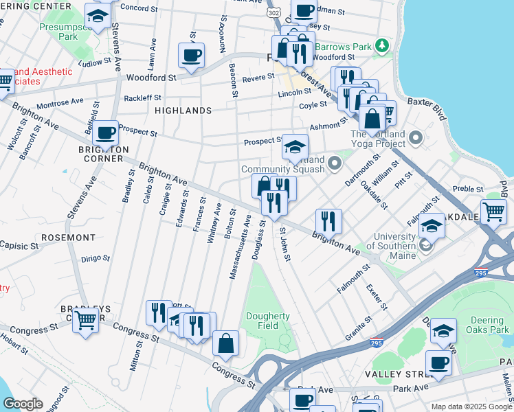 map of restaurants, bars, coffee shops, grocery stores, and more near 194 Massachusetts Avenue in Portland